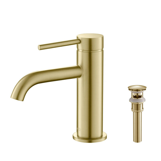 KIBI Circular Single Handle Brushed Gold Solid Brass Bathroom Sink Faucet With Pop-Up Drain Stopper Small Cover With Overflow