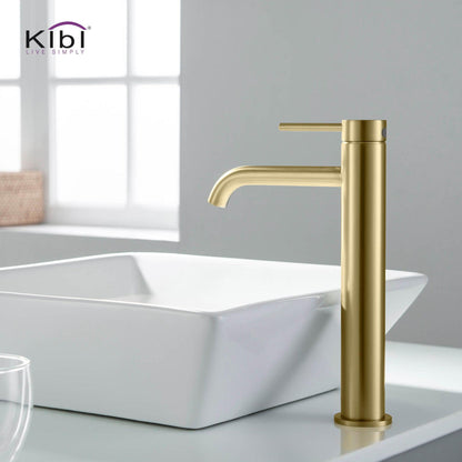 KIBI Circular Single Handle Brushed Gold Solid Brass Bathroom Vessel Sink Faucet