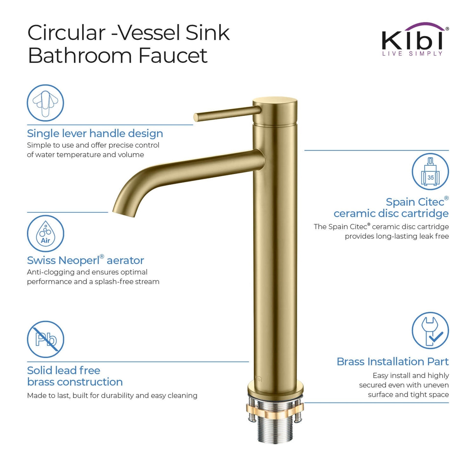 KIBI Circular Single Handle Brushed Gold Solid Brass Bathroom Vessel Sink Faucet