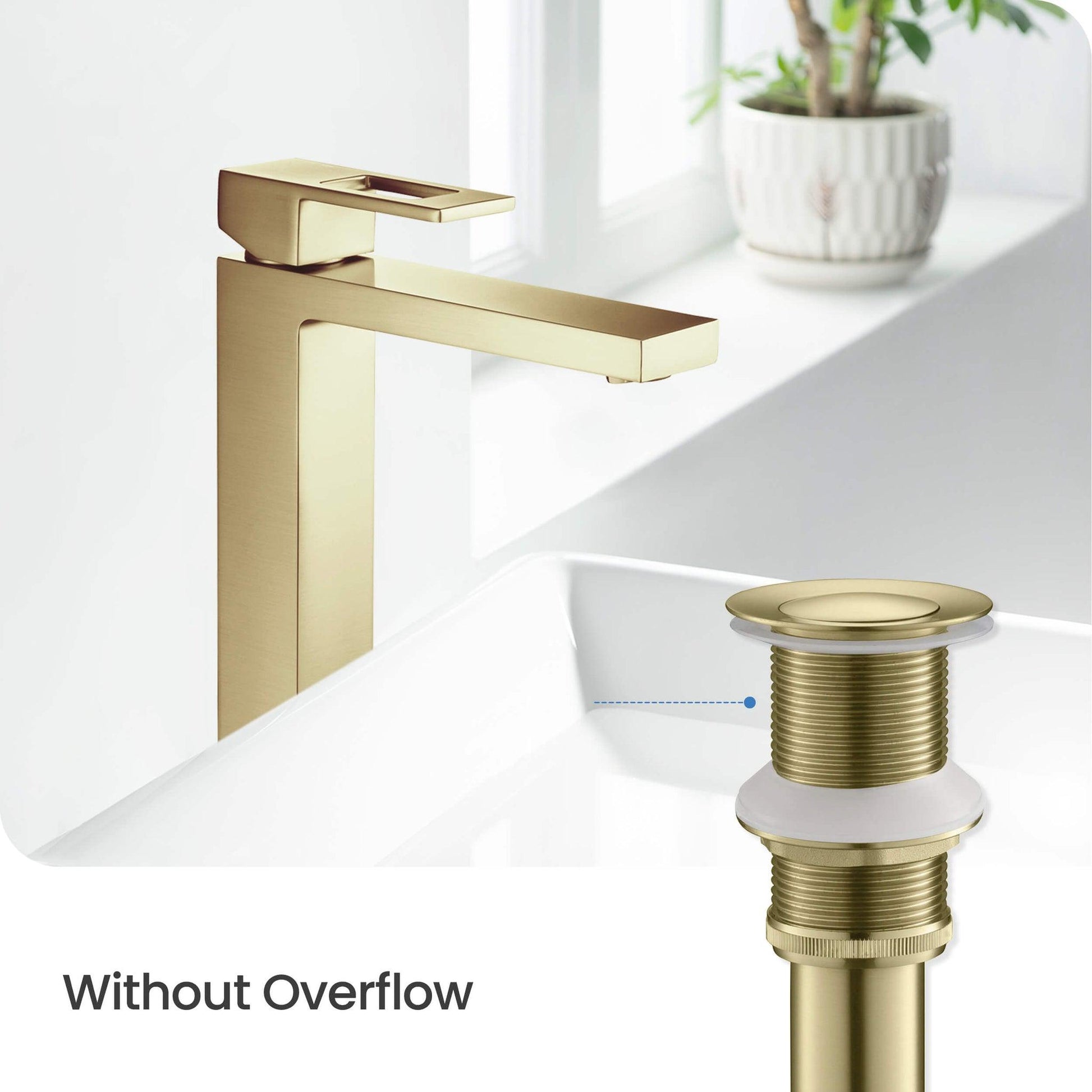 KIBI Circular Single Handle Brushed Gold Solid Brass Bathroom Vessel Sink Faucet With Pop-Up Drain Stopper Small Cover Without Overflow