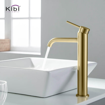 KIBI Circular Single Handle Brushed Gold Solid Brass Bathroom Vessel Sink Faucet With Pop-Up Drain Stopper Small Cover Without Overflow