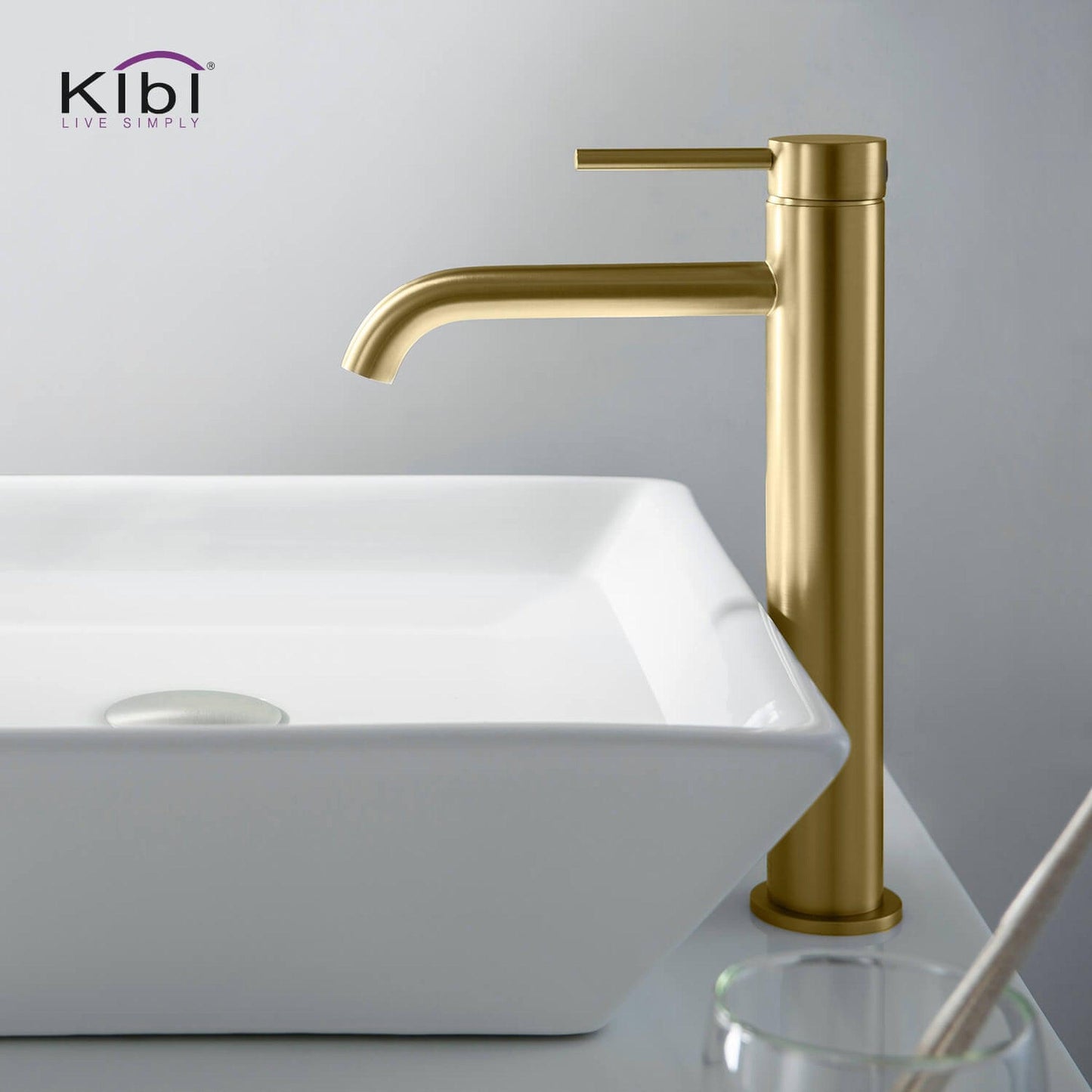 KIBI Circular Single Handle Brushed Gold Solid Brass Bathroom Vessel Sink Faucet With Pop-Up Drain Stopper Small Cover Without Overflow