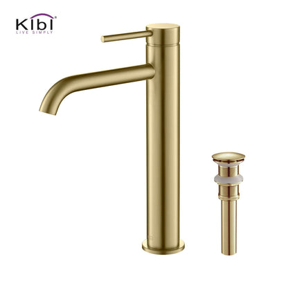 KIBI Circular Single Handle Brushed Gold Solid Brass Bathroom Vessel Sink Faucet With Pop-Up Drain Stopper Small Cover Without Overflow