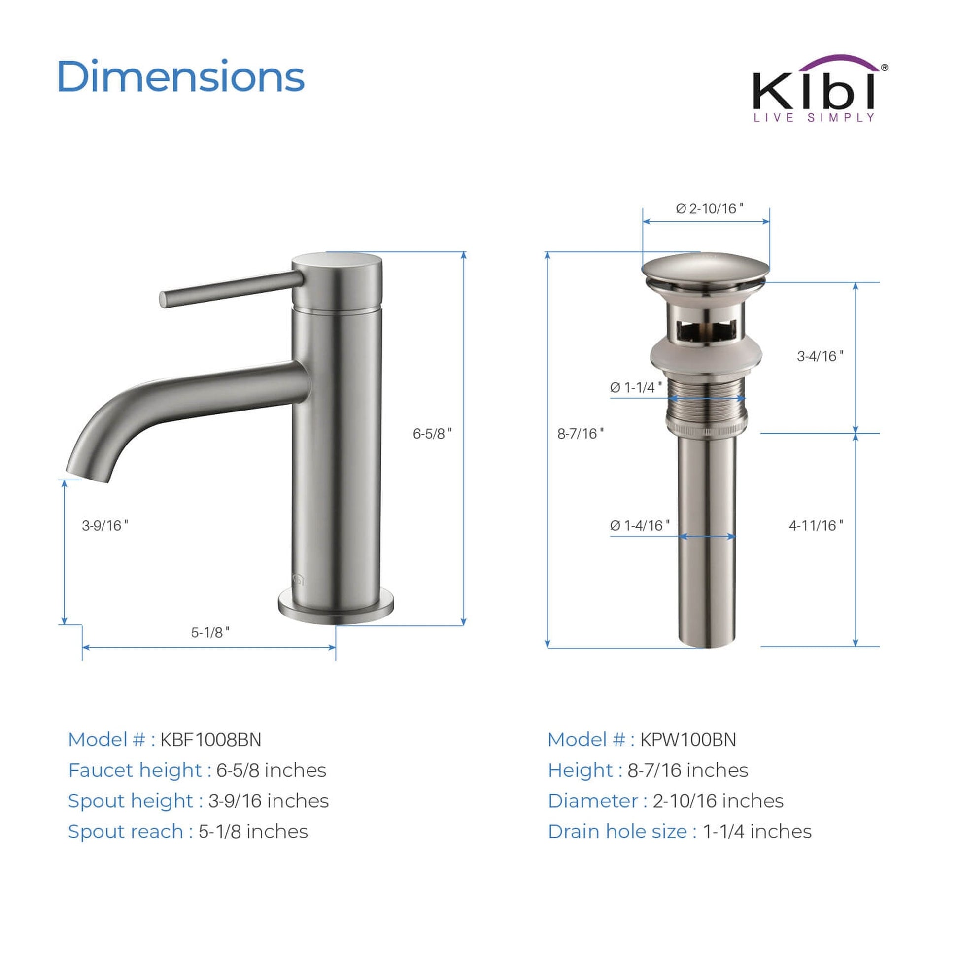 KIBI Circular Single Handle Brushed Nickel Solid Brass Bathroom Sink Faucet With Pop-Up Drain Stopper Small Cover With Overflow