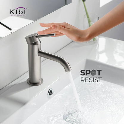 KIBI Circular Single Handle Brushed Nickel Solid Brass Bathroom Sink Faucet With Pop-Up Drain Stopper Small Cover With Overflow