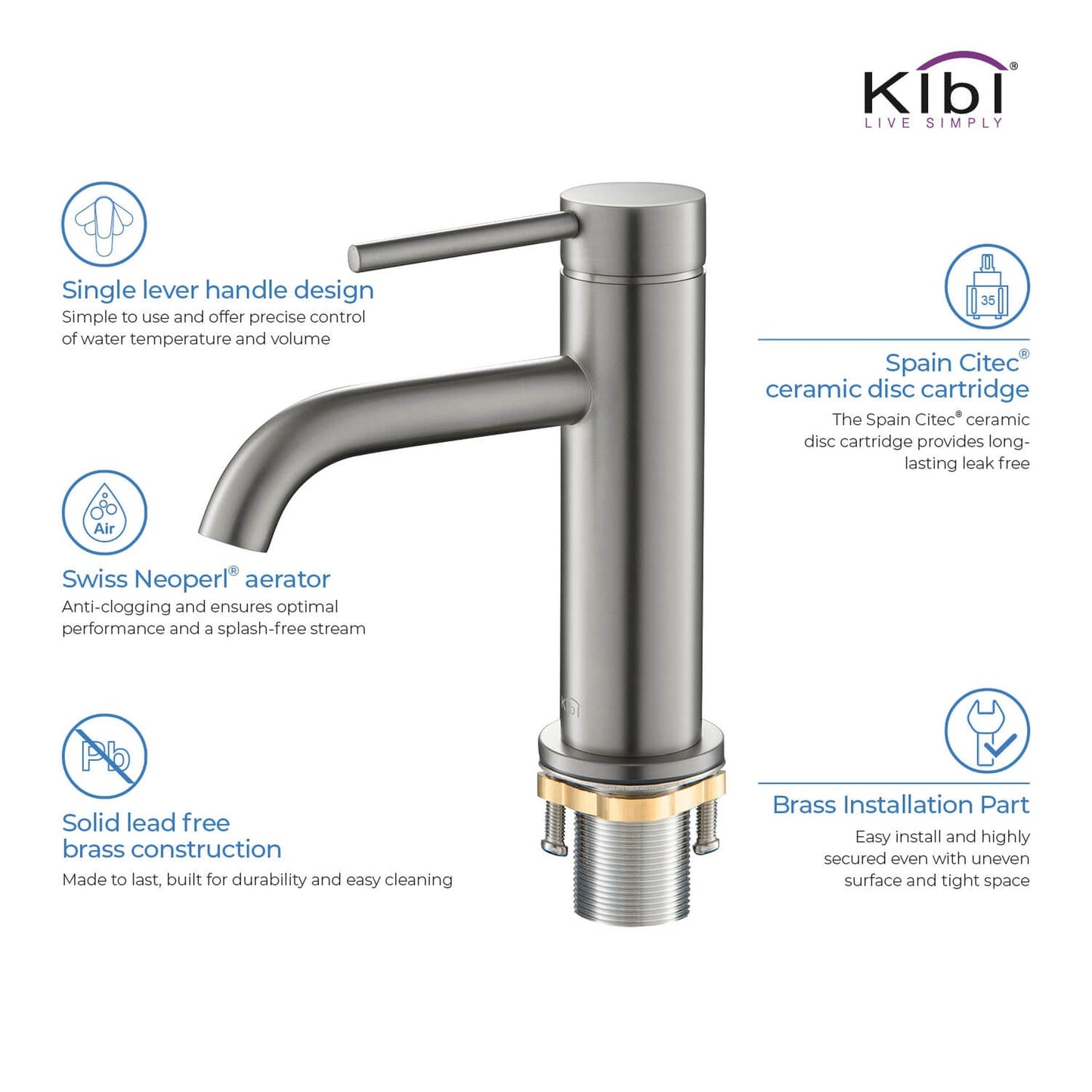 KIBI Circular Single Handle Brushed Nickel Solid Brass Bathroom Sink Faucet With Pop-Up Drain Stopper Small Cover With Overflow