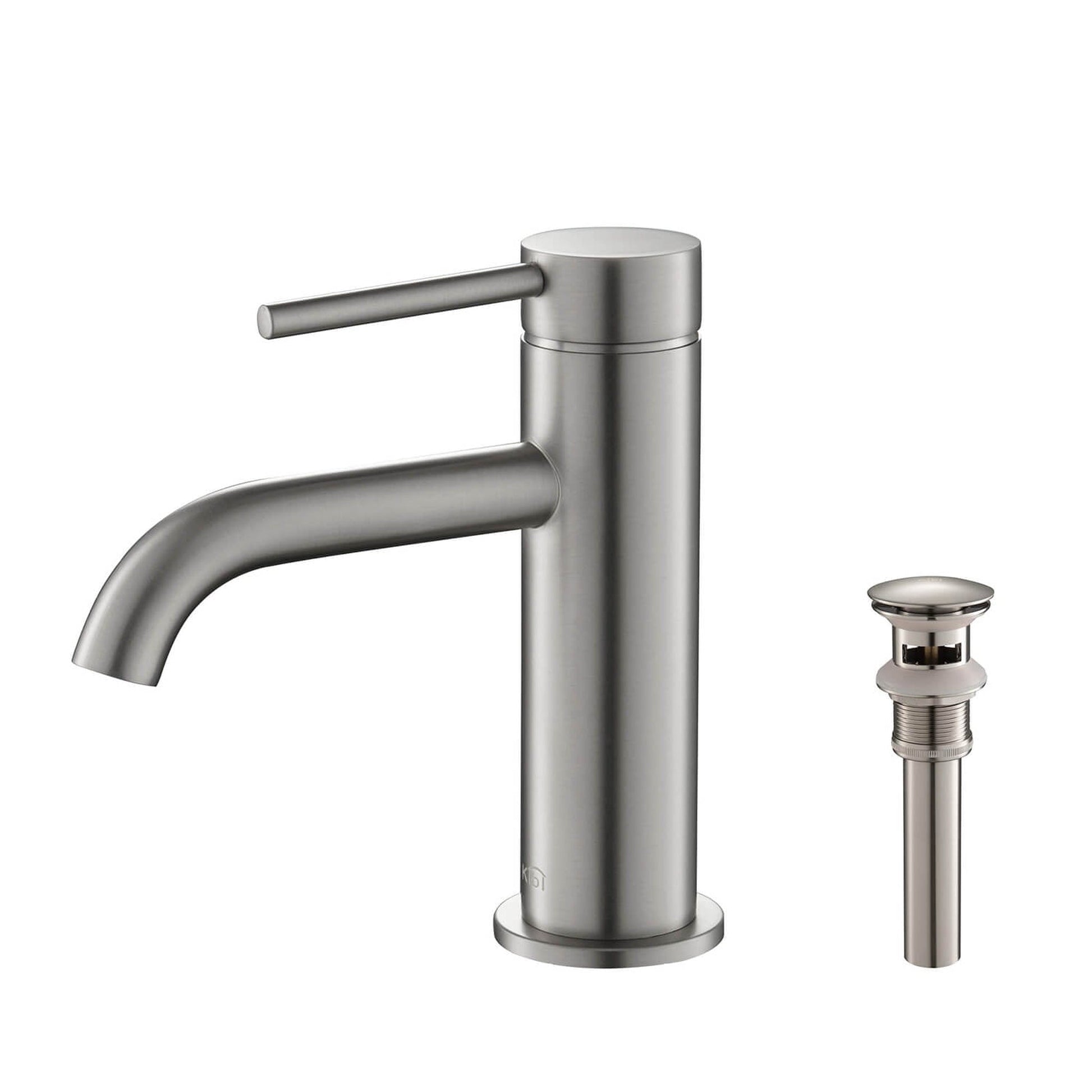 KIBI Circular Single Handle Brushed Nickel Solid Brass Bathroom Sink Faucet With Pop-Up Drain Stopper Small Cover With Overflow