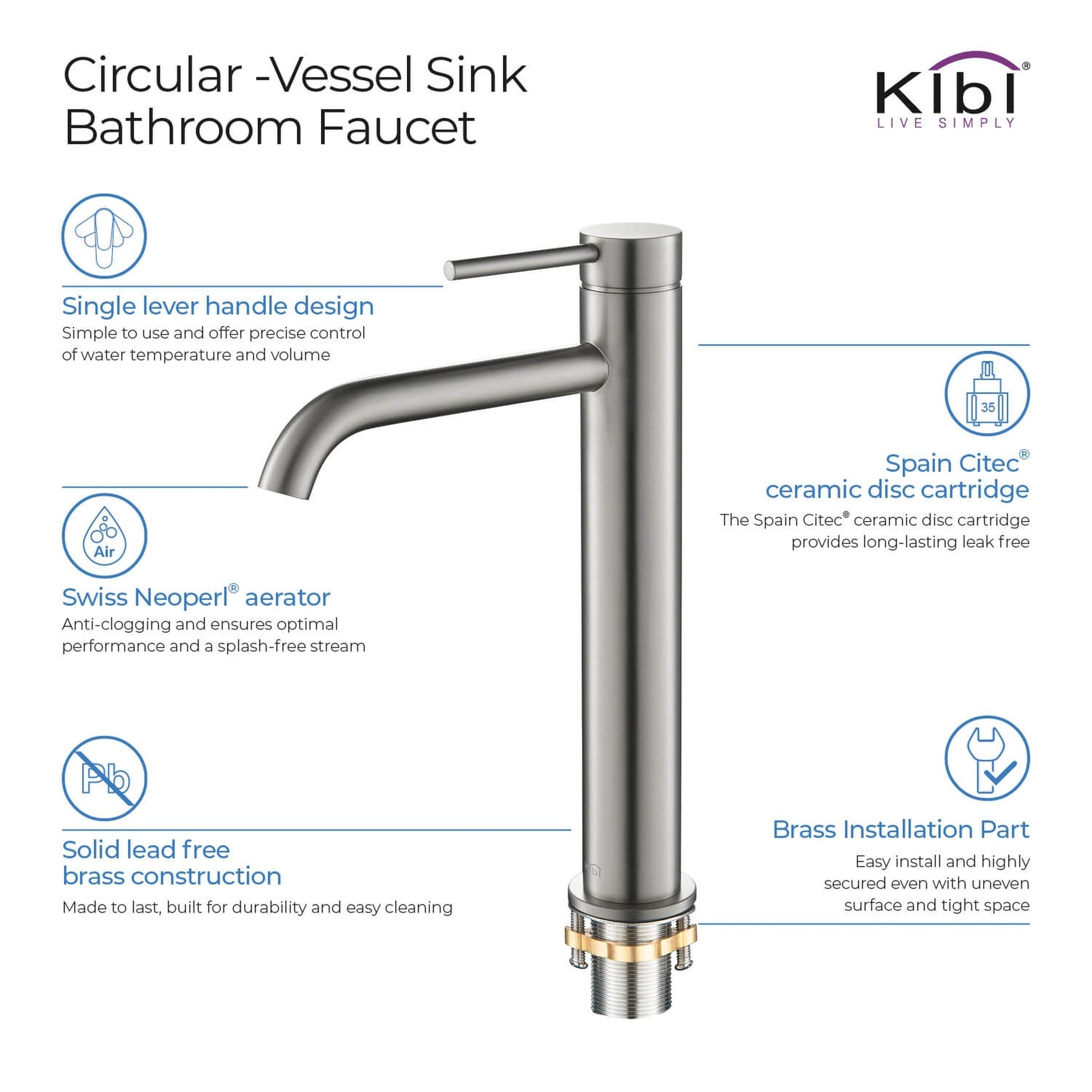 KIBI Circular Single Handle Brushed Nickel Solid Brass Bathroom Vessel Sink Faucet