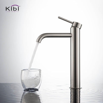 KIBI Circular Single Handle Brushed Nickel Solid Brass Bathroom Vessel Sink Faucet With Pop-Up Drain Stopper Small Cover Without Overflow