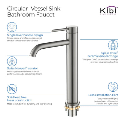 KIBI Circular Single Handle Brushed Nickel Solid Brass Bathroom Vessel Sink Faucet With Pop-Up Drain Stopper Small Cover Without Overflow