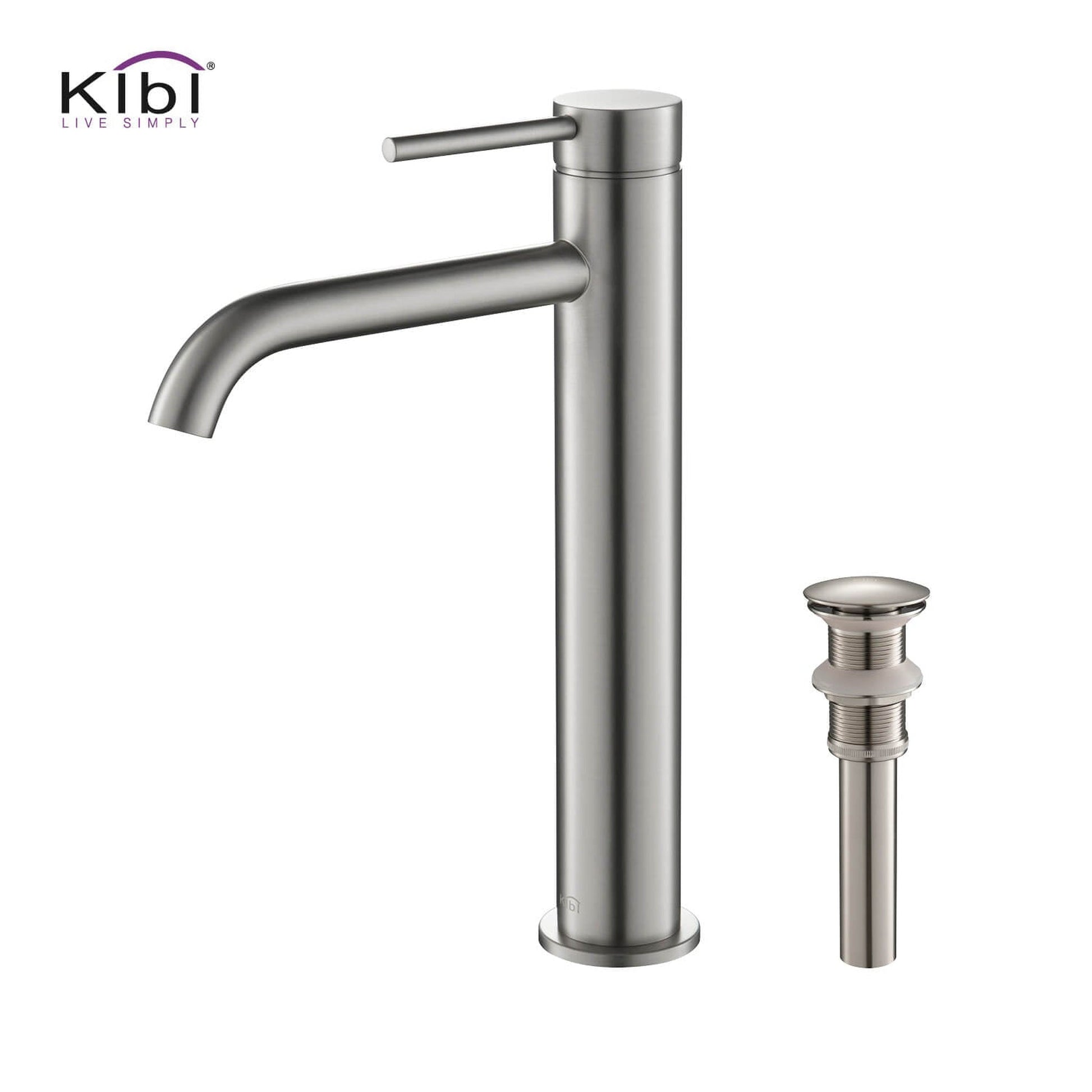 KIBI Circular Single Handle Brushed Nickel Solid Brass Bathroom Vessel Sink Faucet With Pop-Up Drain Stopper Small Cover Without Overflow