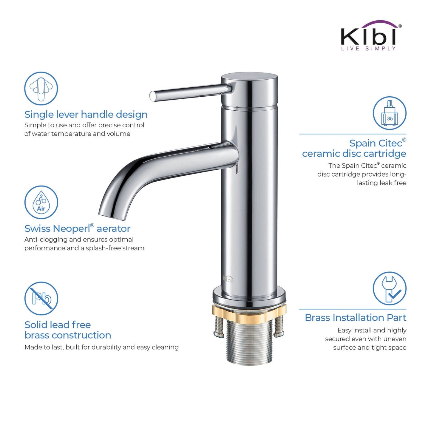 KIBI Circular Single Handle Chrome Solid Brass Bathroom Sink Faucet With Pop-Up Drain Stopper Small Cover With Overflow