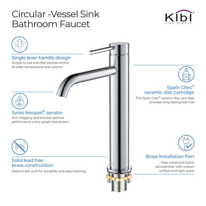 KIBI Circular Single Handle Chrome Solid Brass Bathroom Vessel Sink Faucet