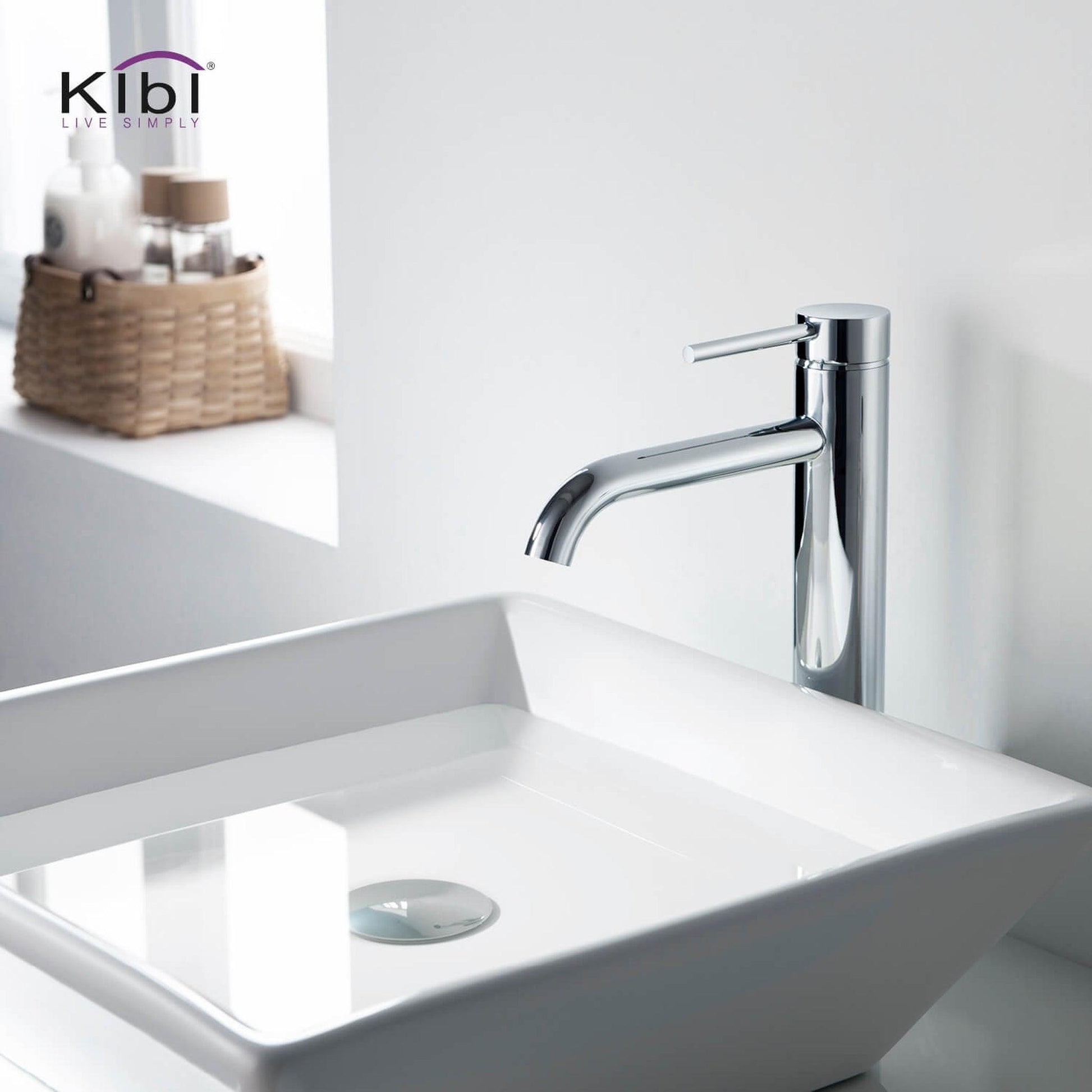 KIBI Circular Single Handle Chrome Solid Brass Bathroom Vessel Sink Faucet With Pop-Up Drain Stopper Small Cover Without Overflow