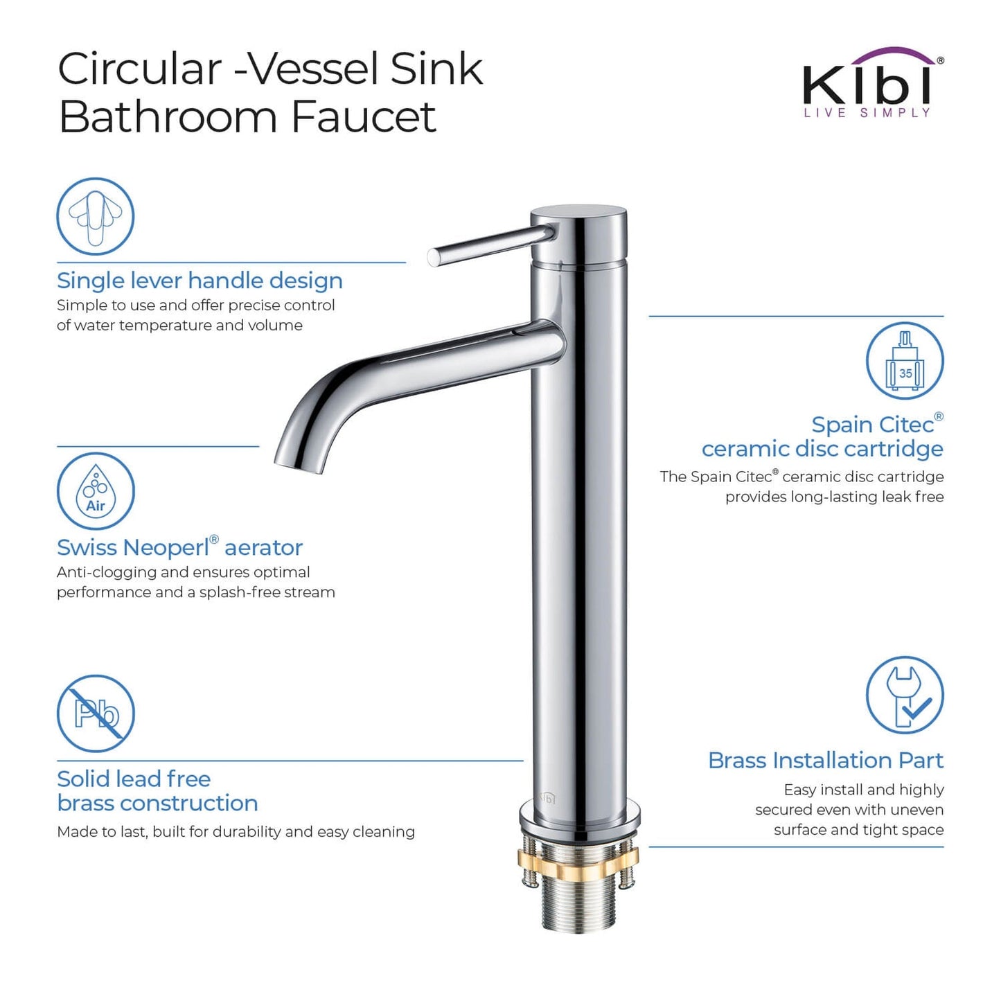 KIBI Circular Single Handle Chrome Solid Brass Bathroom Vessel Sink Faucet With Pop-Up Drain Stopper Small Cover Without Overflow