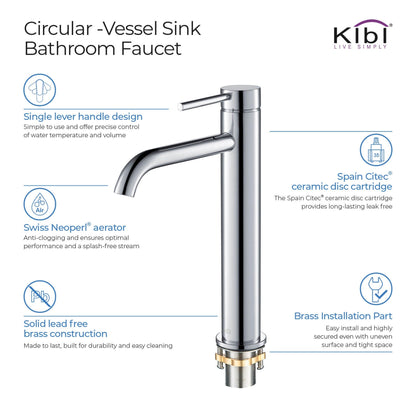 KIBI Circular Single Handle Chrome Solid Brass Bathroom Vessel Sink Faucet With Pop-Up Drain Stopper Small Cover Without Overflow