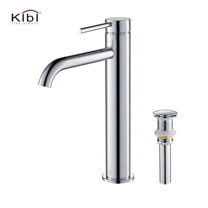 KIBI Circular Single Handle Chrome Solid Brass Bathroom Vessel Sink Faucet With Pop-Up Drain Stopper Small Cover Without Overflow