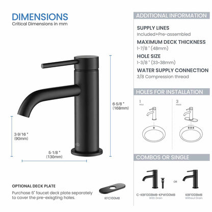 KIBI Circular Single Handle Matte Black Solid Brass Bathroom Sink Faucet With Pop-Up Drain Stopper Small Cover With Overflow