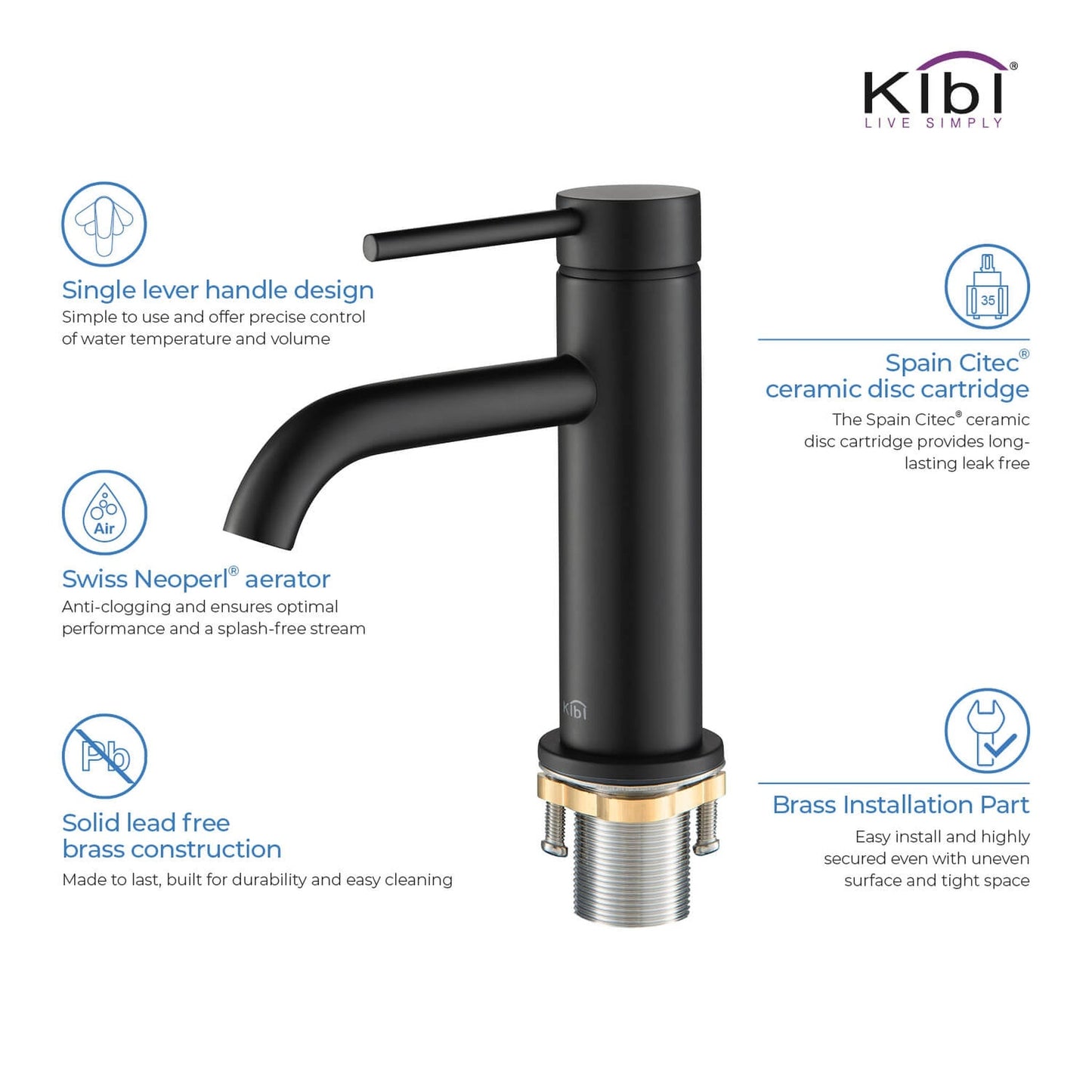 KIBI Circular Single Handle Matte Black Solid Brass Bathroom Sink Faucet With Pop-Up Drain Stopper Small Cover With Overflow