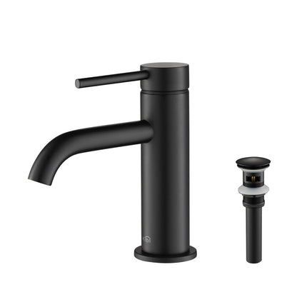 KIBI Circular Single Handle Matte Black Solid Brass Bathroom Sink Faucet With Pop-Up Drain Stopper Small Cover With Overflow