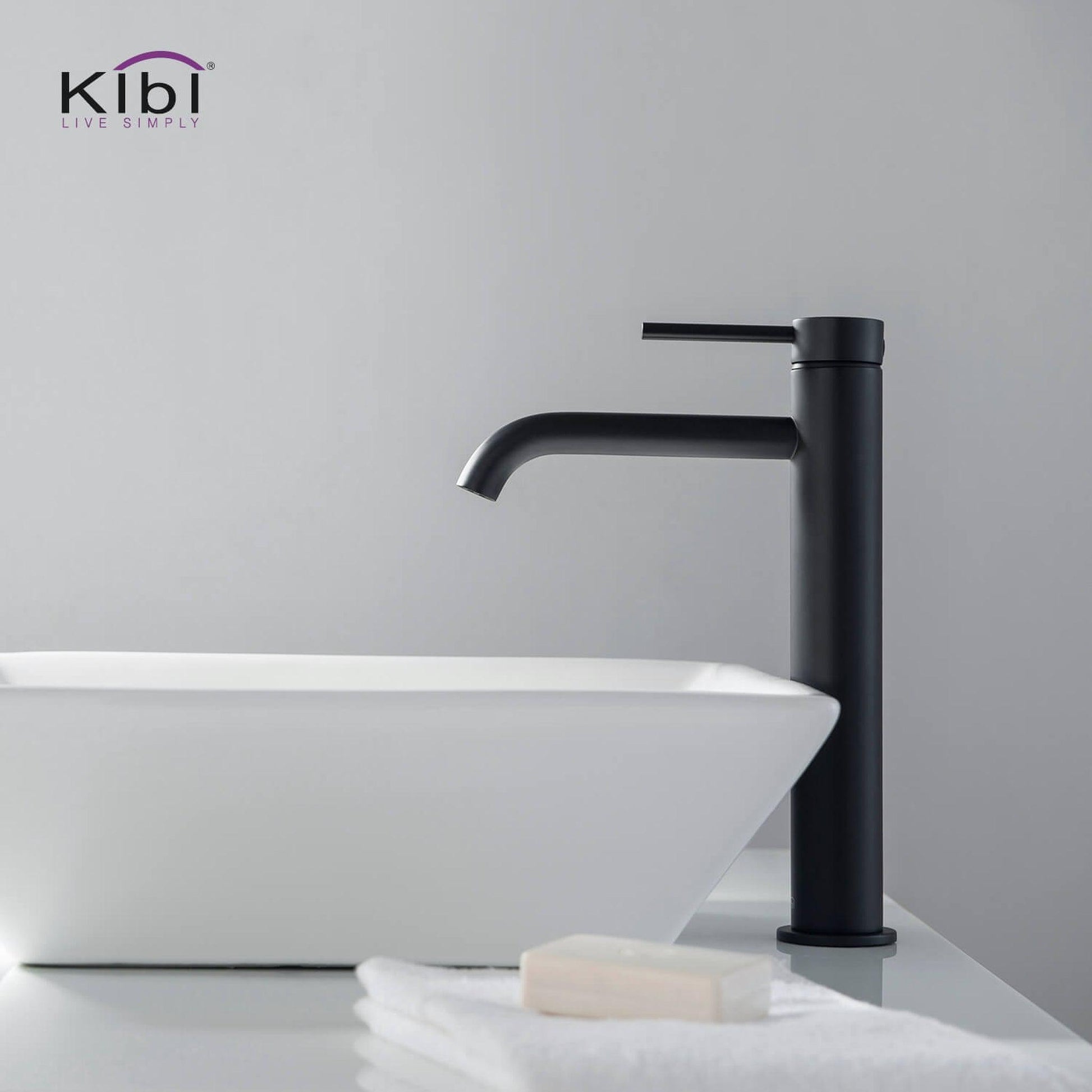 KIBI Circular Single Handle Matte Black Solid Brass Bathroom Vessel Sink Faucet With Pop-Up Drain Stopper Small Cover Without Overflow