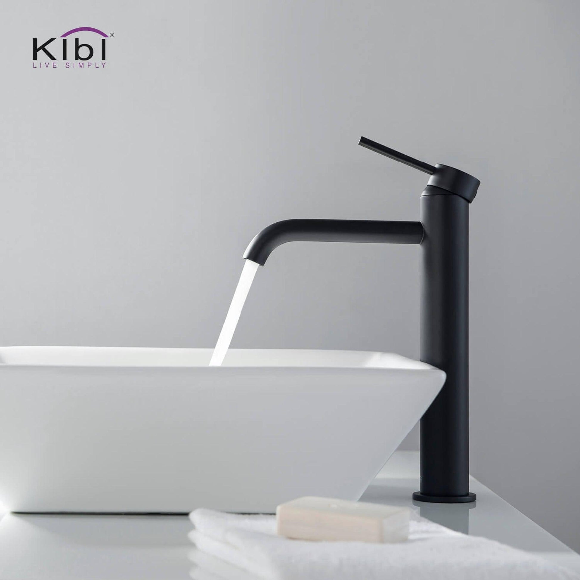 KIBI Circular Single Handle Matte Black Solid Brass Bathroom Vessel Sink Faucet With Pop-Up Drain Stopper Small Cover Without Overflow