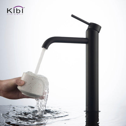 KIBI Circular Single Handle Matte Black Solid Brass Bathroom Vessel Sink Faucet With Pop-Up Drain Stopper Small Cover Without Overflow