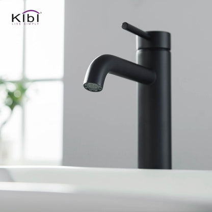 KIBI Circular Single Handle Matte Black Solid Brass Bathroom Vessel Sink Faucet With Pop-Up Drain Stopper Small Cover Without Overflow