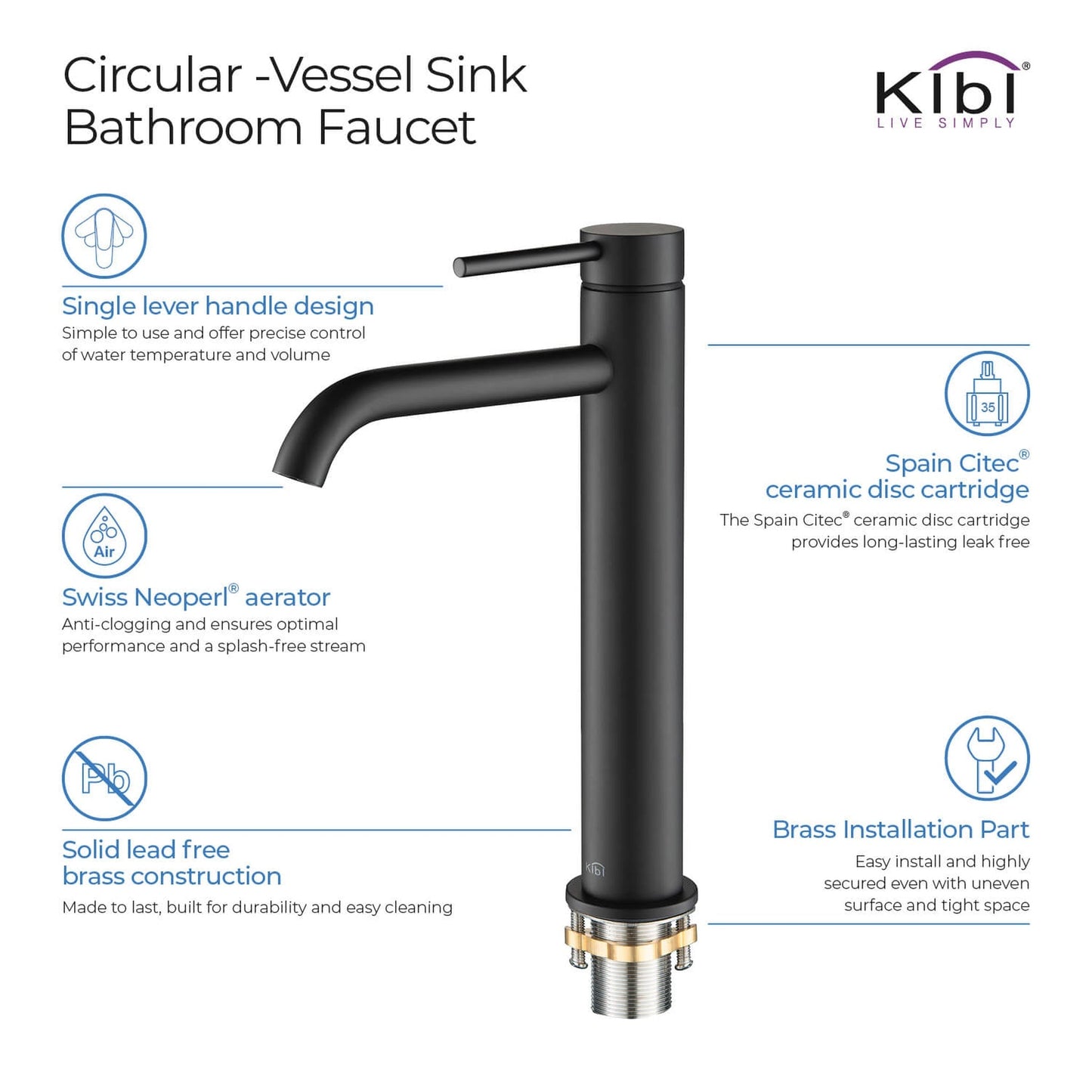 KIBI Circular Single Handle Matte Black Solid Brass Bathroom Vessel Sink Faucet With Pop-Up Drain Stopper Small Cover Without Overflow