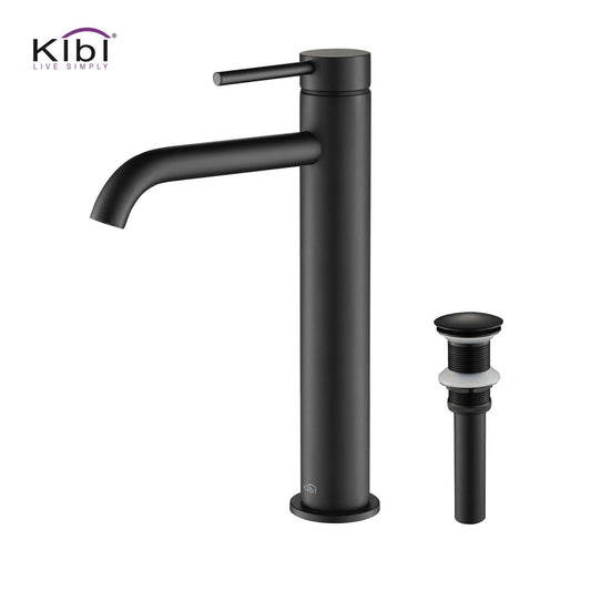 KIBI Circular Single Handle Matte Black Solid Brass Bathroom Vessel Sink Faucet With Pop-Up Drain Stopper Small Cover Without Overflow