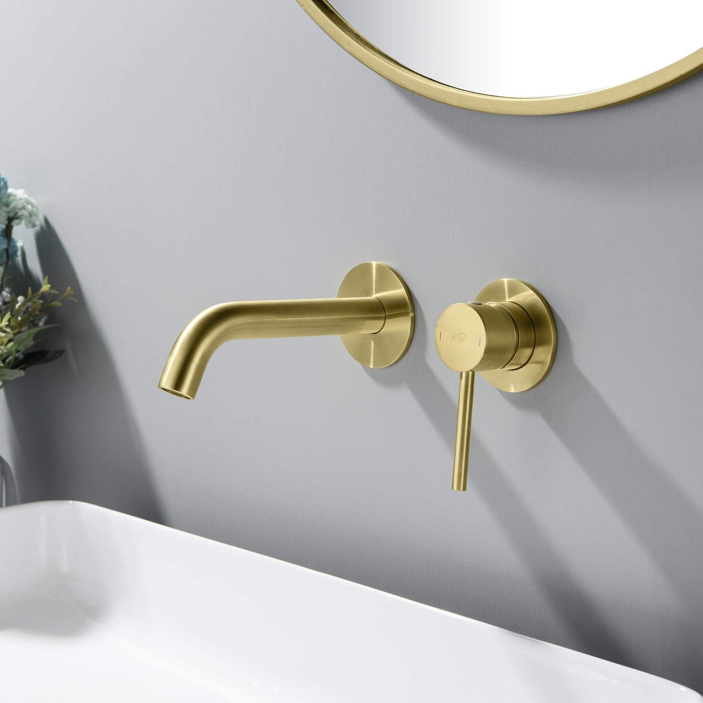 KIBI Circular Wall Mounted Single Handle Brushed Gold Solid Brass Bathroom Sink Faucet