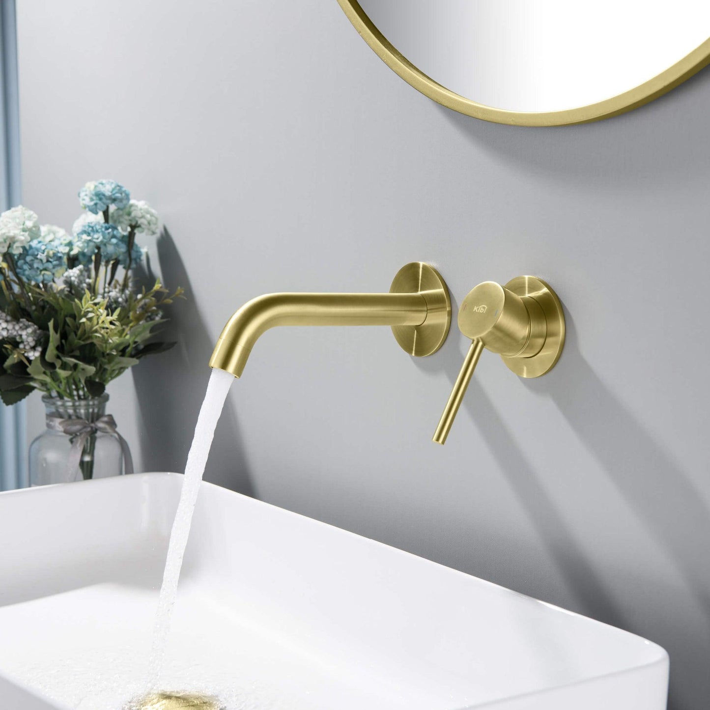 KIBI Circular Wall Mounted Single Handle Brushed Gold Solid Brass Bathroom Sink Faucet