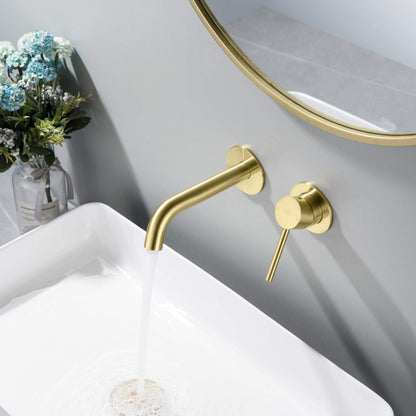 KIBI Circular Wall Mounted Single Handle Brushed Gold Solid Brass Bathroom Sink Faucet