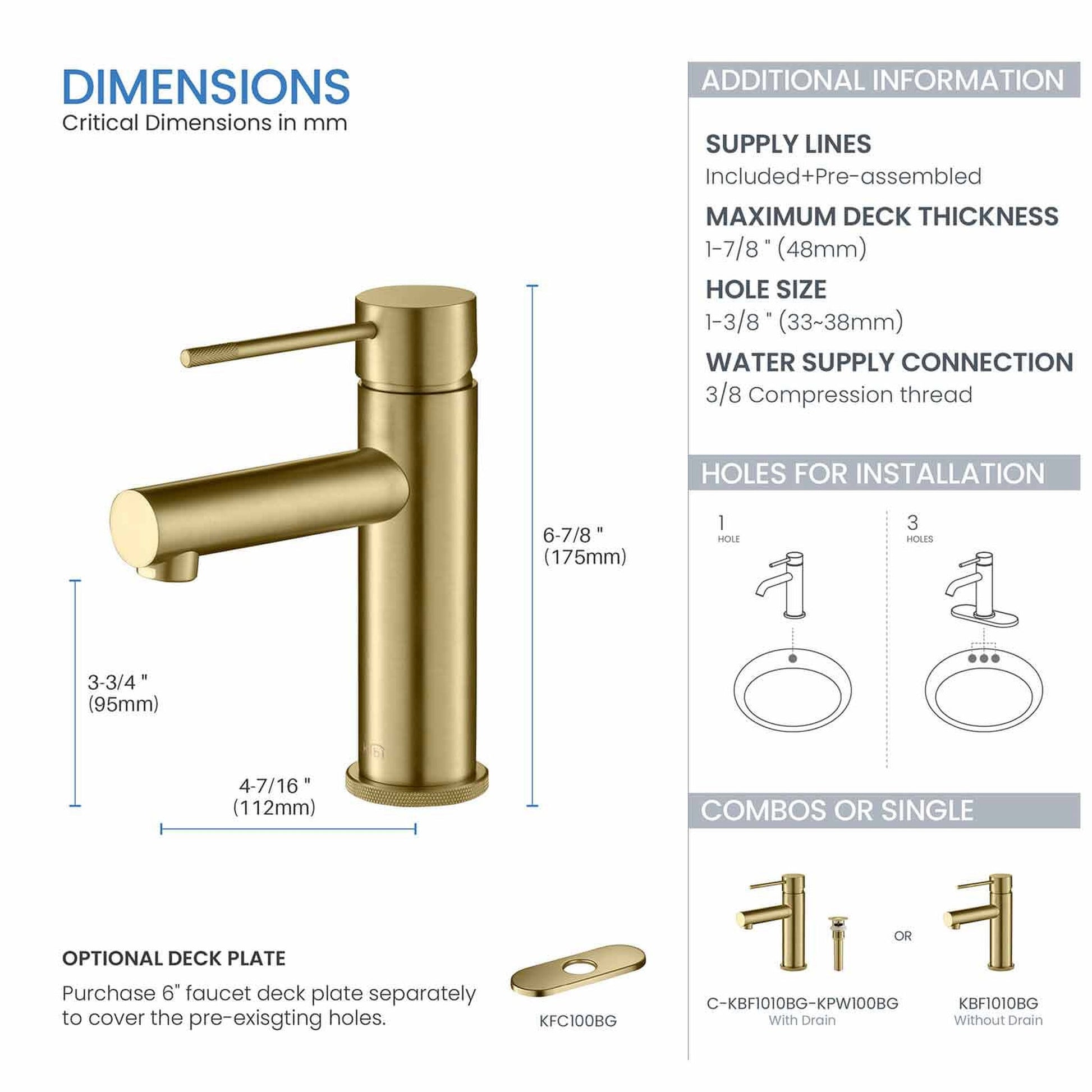 KIBI Circular X Single Handle Brushed Gold Solid Brass Bathroom Sink Faucet With Pop-Up Drain Stopper With Overflow