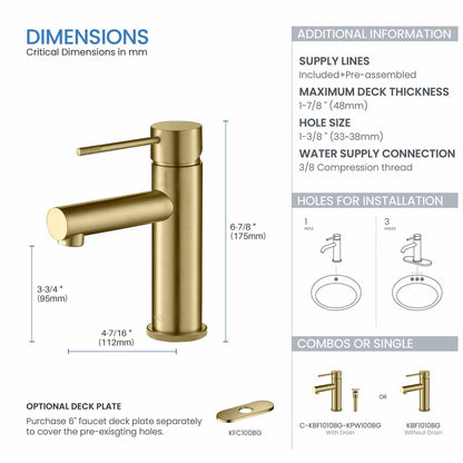 KIBI Circular X Single Handle Brushed Gold Solid Brass Bathroom Sink Faucet With Pop-Up Drain Stopper With Overflow