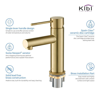 KIBI Circular X Single Handle Brushed Gold Solid Brass Bathroom Sink Faucet With Pop-Up Drain Stopper With Overflow