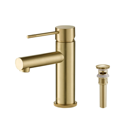 KIBI Circular X Single Handle Brushed Gold Solid Brass Bathroom Sink Faucet With Pop-Up Drain Stopper With Overflow