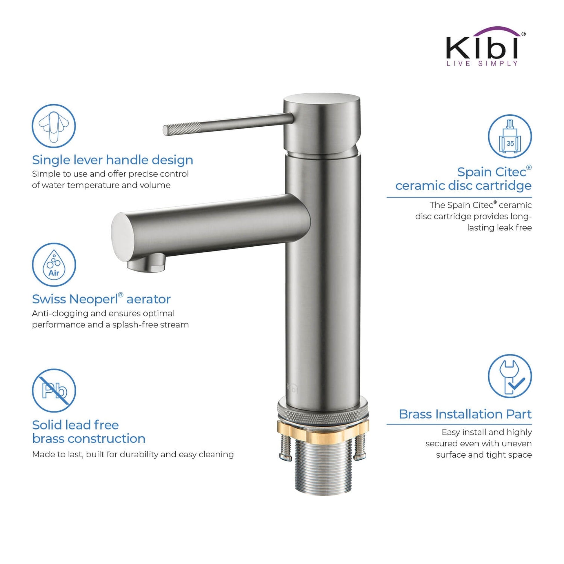 KIBI Circular X Single Handle Brushed Nickel Solid Brass Bathroom Sink Faucet With Pop-Up Drain Stopper With Overflow