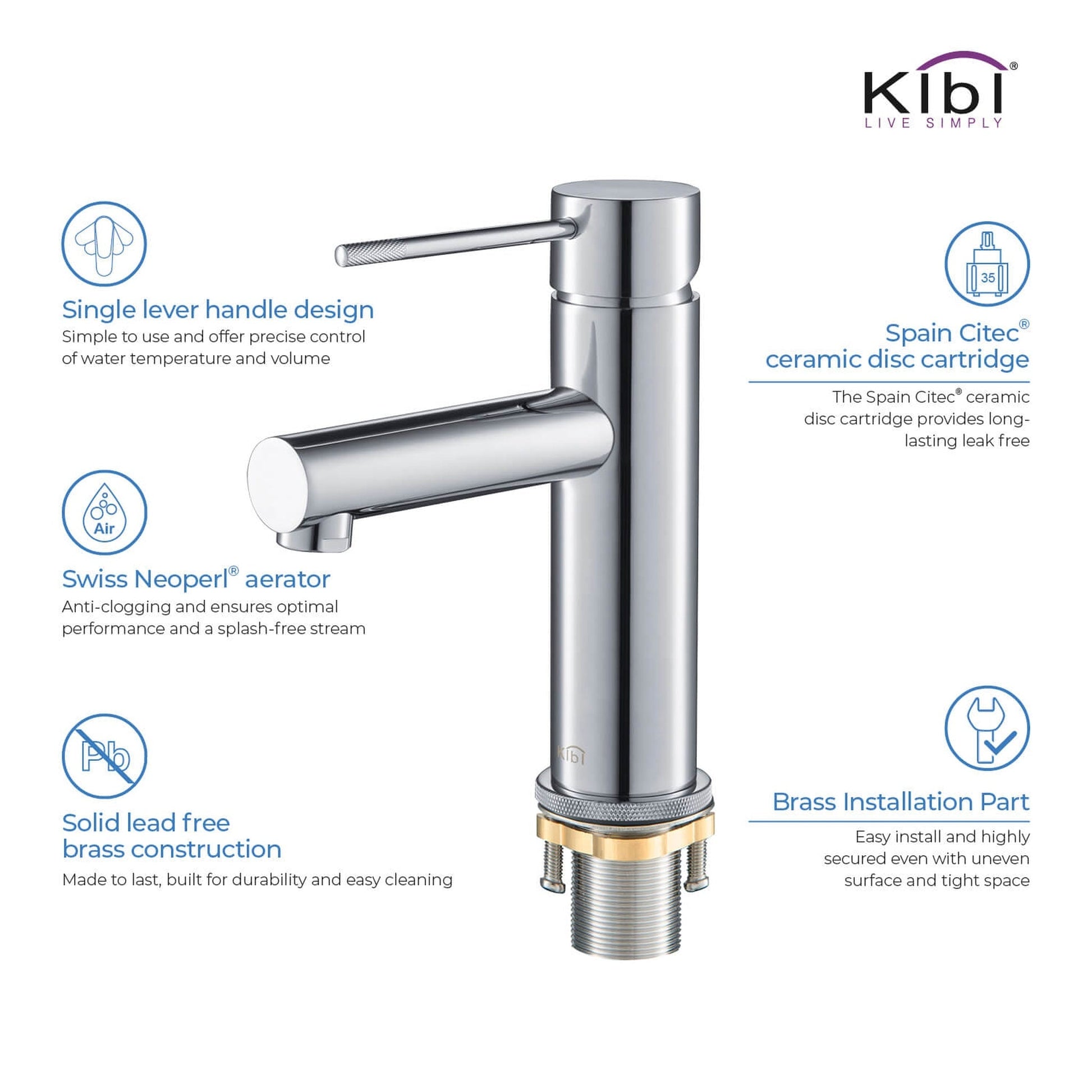 KIBI Circular X Single Handle Chrome Solid Brass Bathroom Sink Faucet With Pop-Up Drain Stopper With Overflow