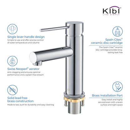 KIBI Circular X Single Handle Chrome Solid Brass Bathroom Sink Faucet With Pop-Up Drain Stopper With Overflow