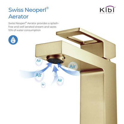 KIBI Cubic Single Handle Brushed Gold Solid Brass Bathroom Vanity Sink Faucet