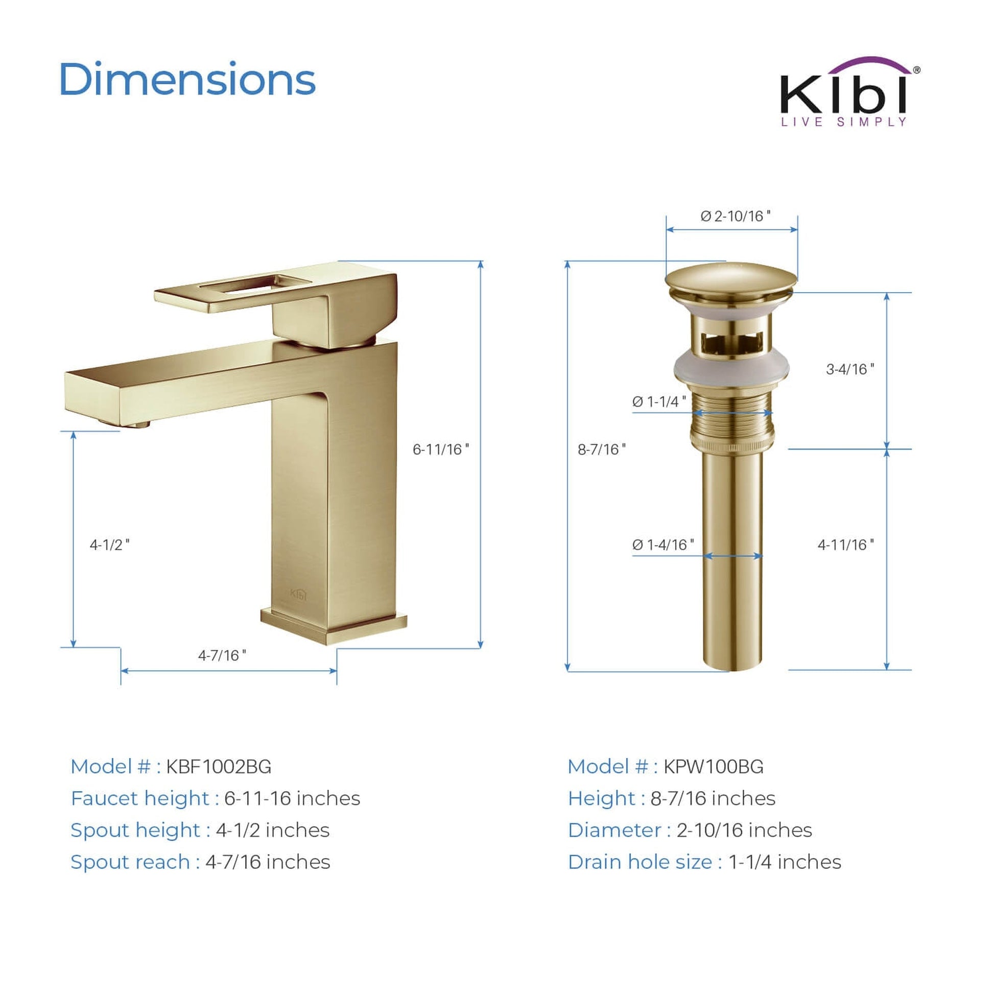 KIBI Cubic Single Handle Brushed Gold Solid Brass Bathroom Vanity Sink Faucet With Pop-Up Drain Stopper Small Cover With Overflow