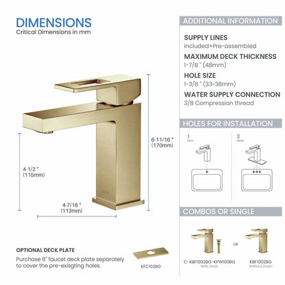 KIBI Cubic Single Handle Brushed Gold Solid Brass Bathroom Vanity Sink Faucet With Pop-Up Drain Stopper Small Cover With Overflow