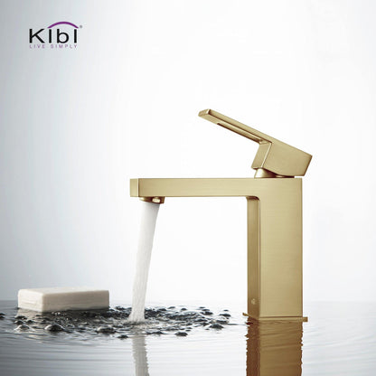 KIBI Cubic Single Handle Brushed Gold Solid Brass Bathroom Vanity Sink Faucet With Pop-Up Drain Stopper Small Cover With Overflow