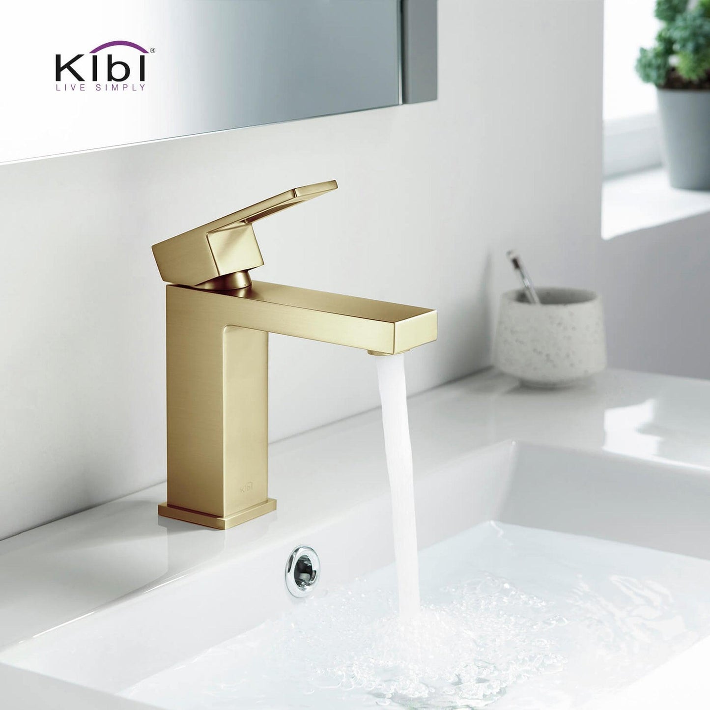 KIBI Cubic Single Handle Brushed Gold Solid Brass Bathroom Vanity Sink Faucet With Pop-Up Drain Stopper Small Cover With Overflow