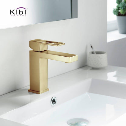 KIBI Cubic Single Handle Brushed Gold Solid Brass Bathroom Vanity Sink Faucet With Pop-Up Drain Stopper Small Cover With Overflow