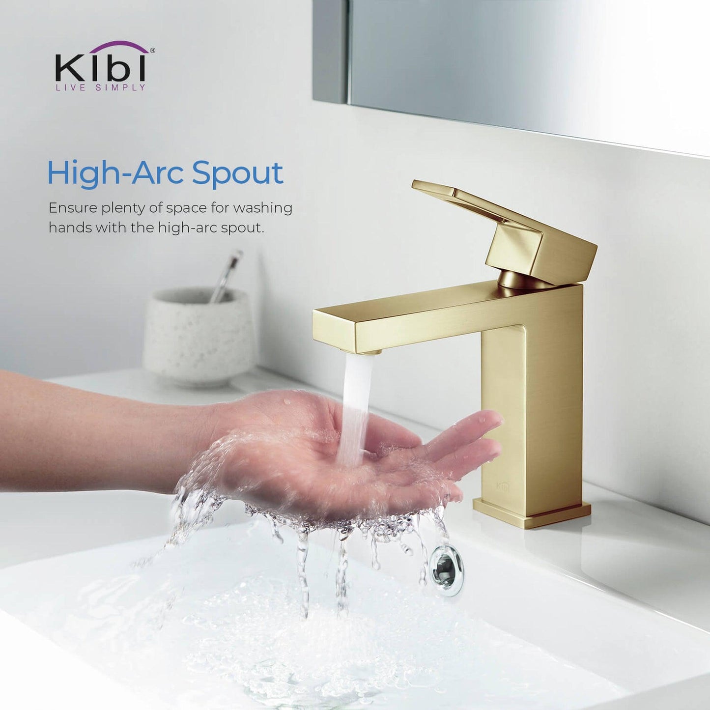 KIBI Cubic Single Handle Brushed Gold Solid Brass Bathroom Vanity Sink Faucet With Pop-Up Drain Stopper Small Cover With Overflow