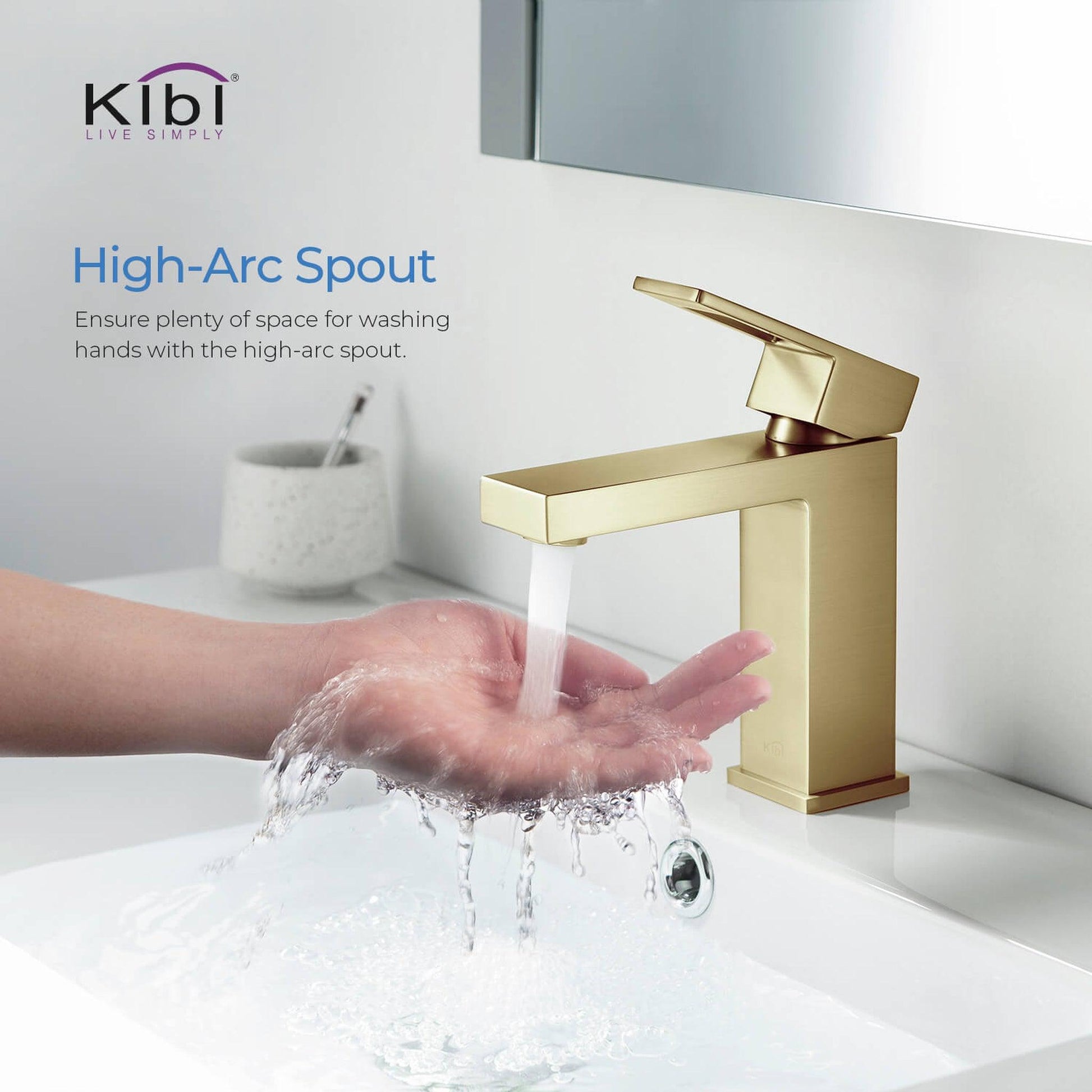 KIBI Cubic Single Handle Brushed Gold Solid Brass Bathroom Vanity Sink Faucet With Pop-Up Drain Stopper Small Cover With Overflow