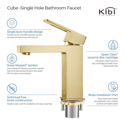 KIBI Cubic Single Handle Brushed Gold Solid Brass Bathroom Vanity Sink Faucet With Pop-Up Drain Stopper Small Cover With Overflow