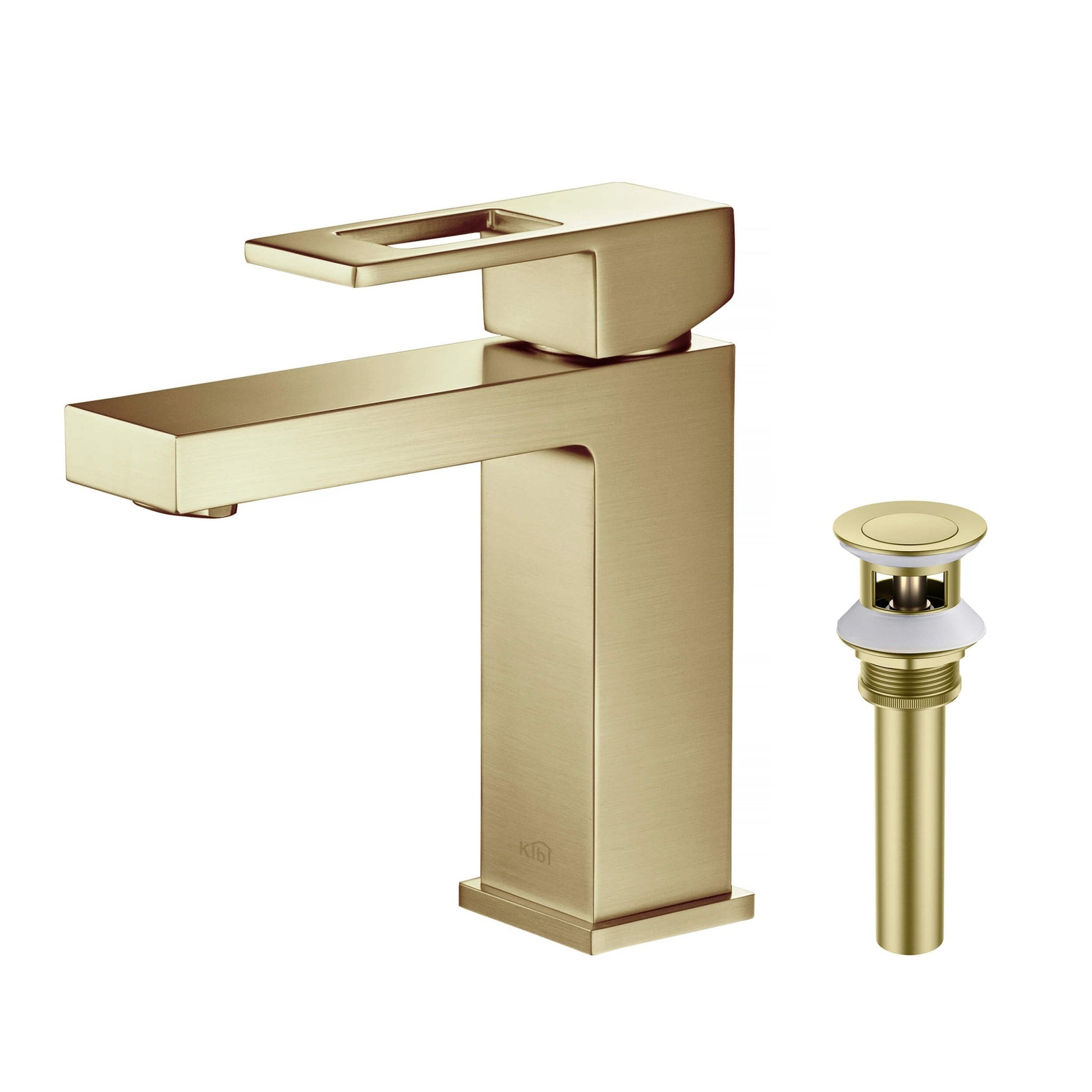 KIBI Cubic Single Handle Brushed Gold Solid Brass Bathroom Vanity Sink Faucet With Pop-Up Drain Stopper Small Cover With Overflow